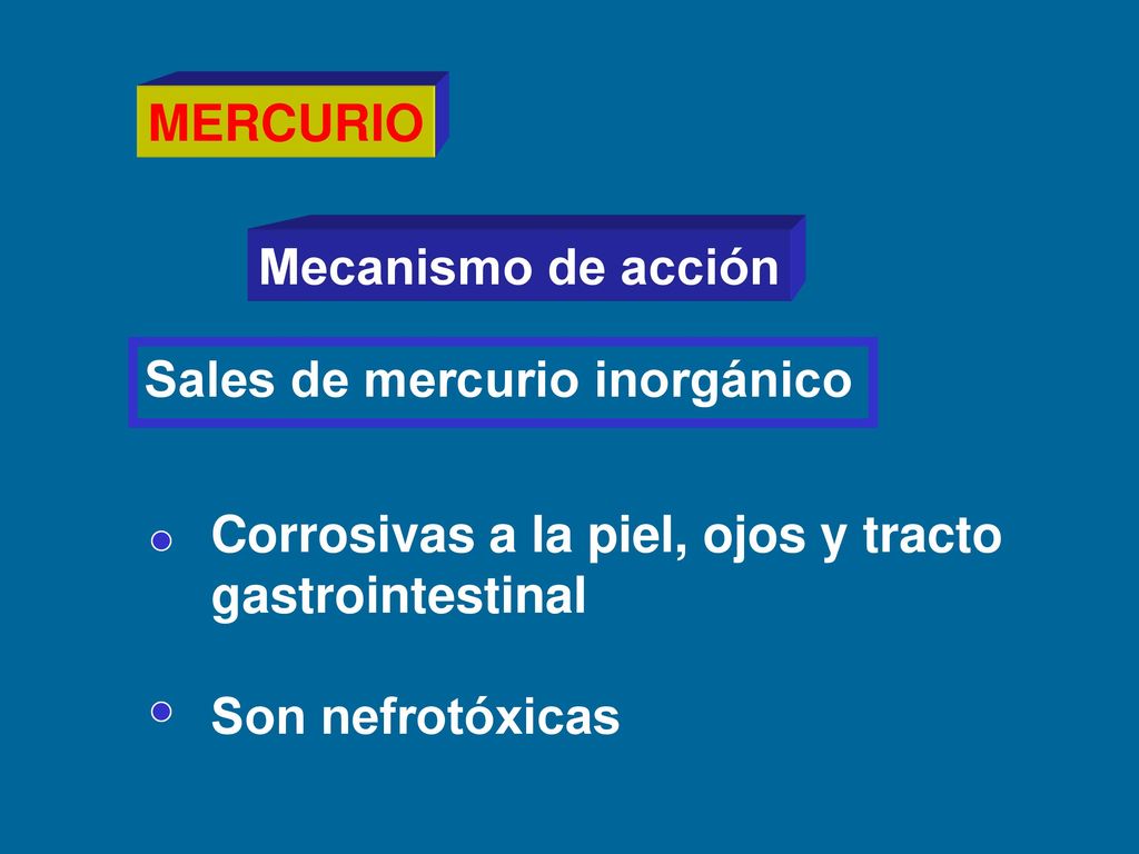 MERCURIO Mecanismo de acción. Sales de mercurio inorgánico. Corrosivas a la piel, ojos y tracto. gastrointestinal.