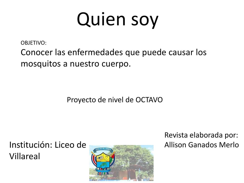 Quien soy OBJETIVO: Conocer las enfermedades que puede causar los mosquitos a nuestro cuerpo. Proyecto de nivel de OCTAVO.