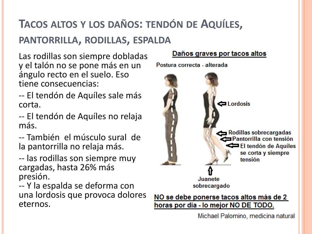 Tacos altos y los daños: tendón de Aquíles, pantorrilla, rodillas, espalda
