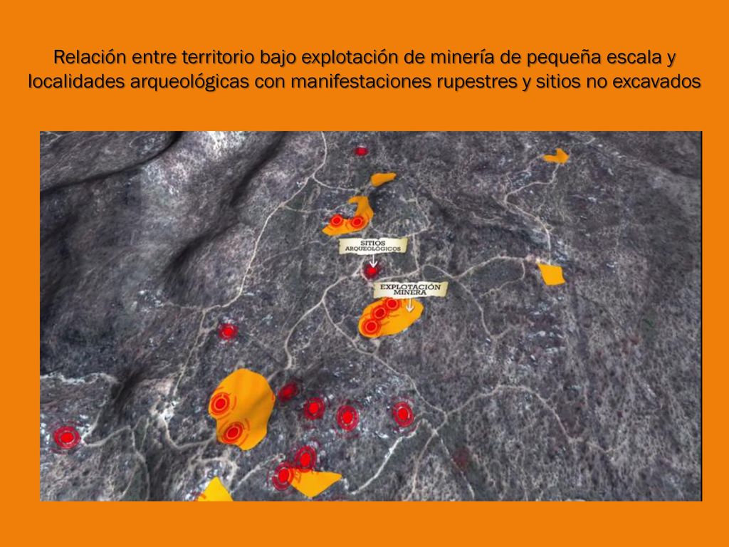 Relación entre territorio bajo explotación de minería de pequeña escala y localidades arqueológicas con manifestaciones rupestres y sitios no excavados