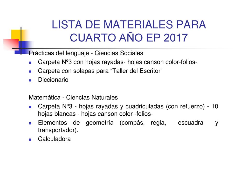 LISTA DE MATERIALES PARA CUARTO AÑO EP 2017
