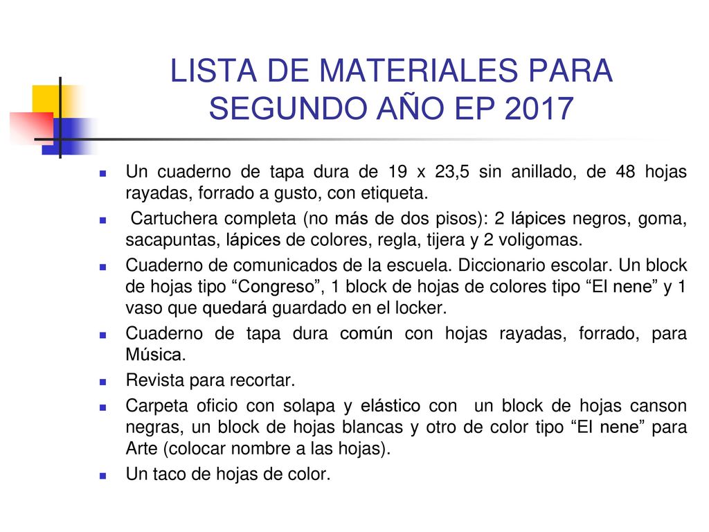 LISTA DE MATERIALES PARA SEGUNDO AÑO EP 2017