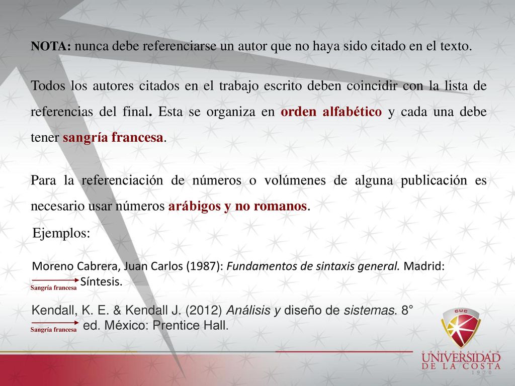 NOTA: nunca debe referenciarse un autor que no haya sido citado en el texto.