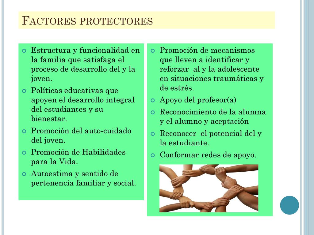 Factores protectores Estructura y funcionalidad en la familia que satisfaga el proceso de desarrollo del y la joven.