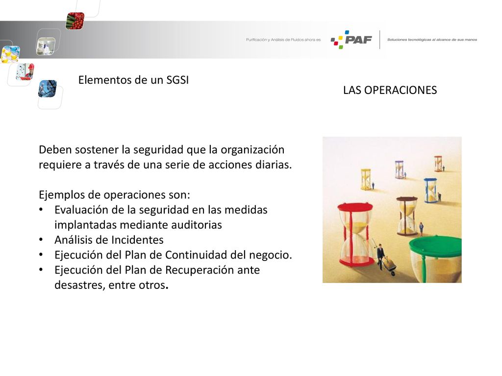 Elementos de un SGSI LAS OPERACIONES. Deben sostener la seguridad que la organización requiere a través de una serie de acciones diarias.