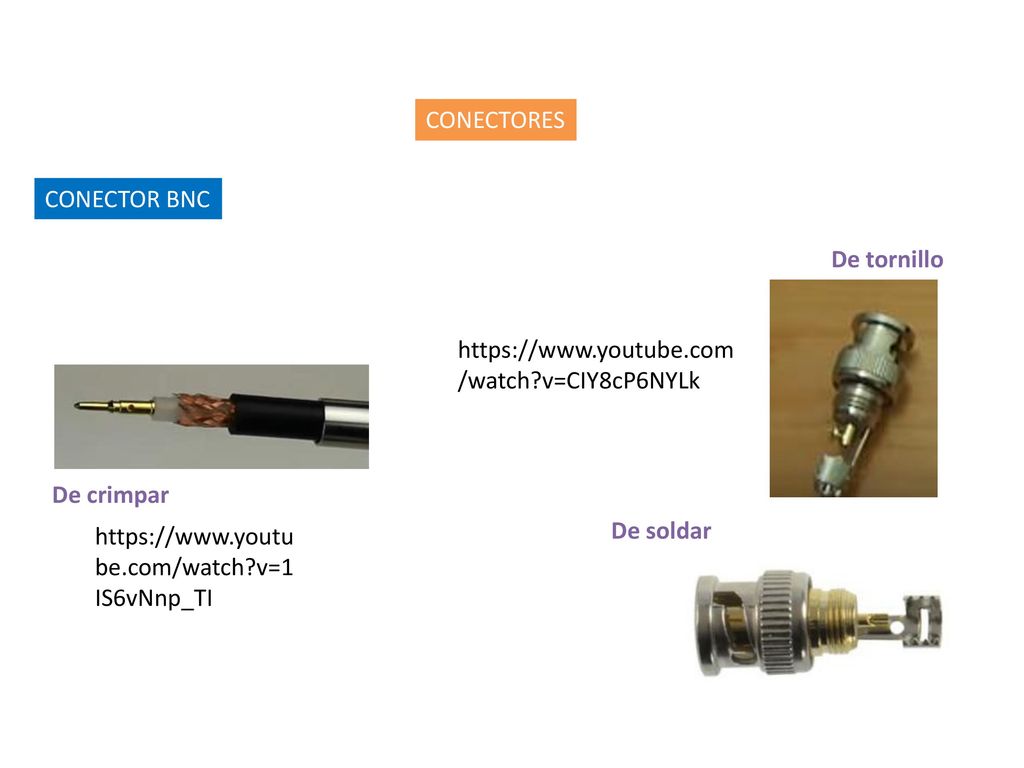 CONECTORES CONECTOR BNC. De tornillo.   v=CIY8cP6NYLk. De crimpar.   v=1IS6vNnp_TI.