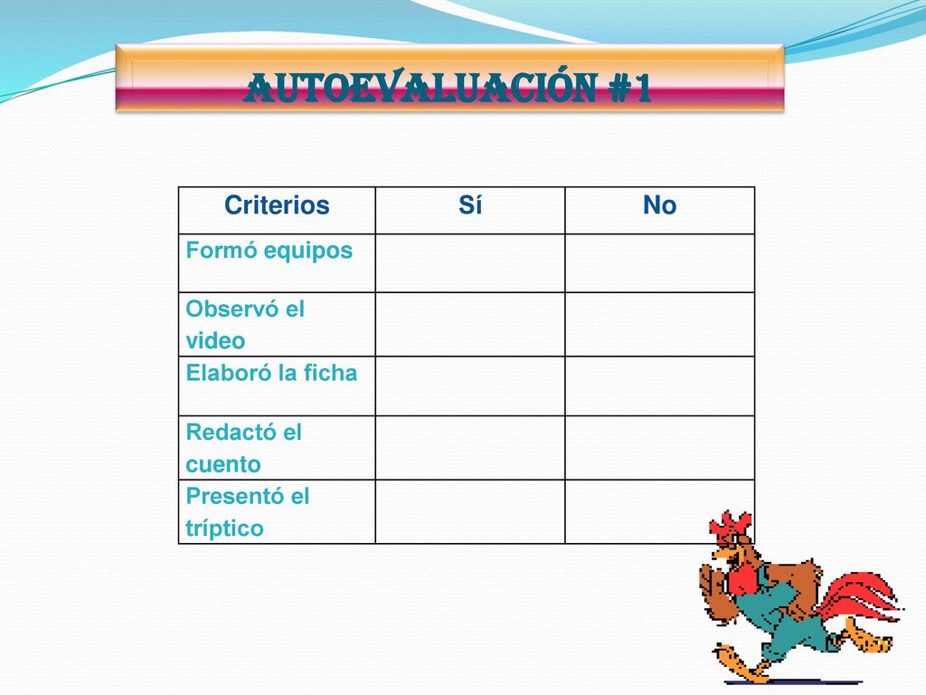 Autoevaluación #1 Criterios Sí No Formó equipos Observó el video