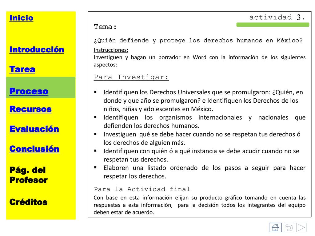 Proceso Tarea Proceso Recursos Evaluación Conclusión Pág. del Profesor