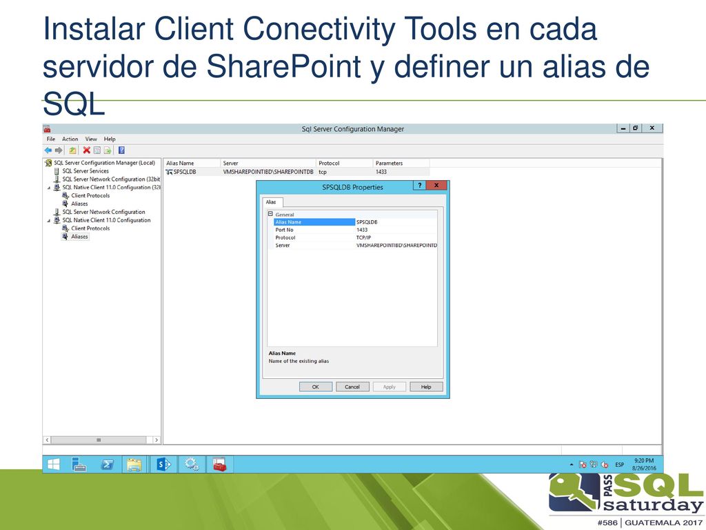 Instalar Client Conectivity Tools en cada servidor de SharePoint y definer un alias de SQL