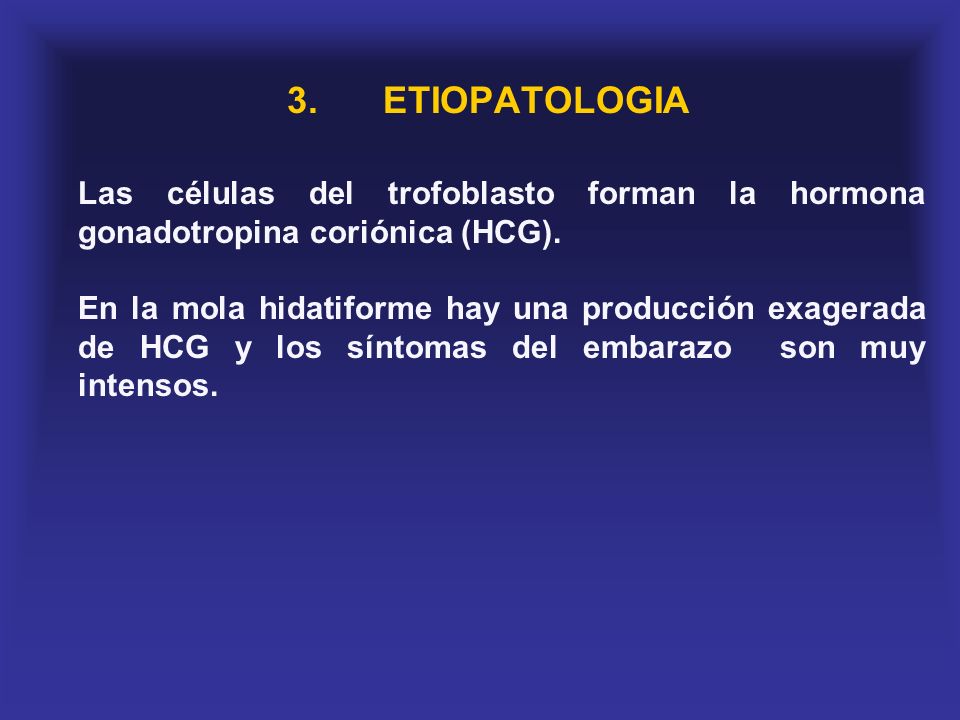 3. ETIOPATOLOGIA Las células del trofoblasto forman la hormona gonadotropina coriónica (HCG).
