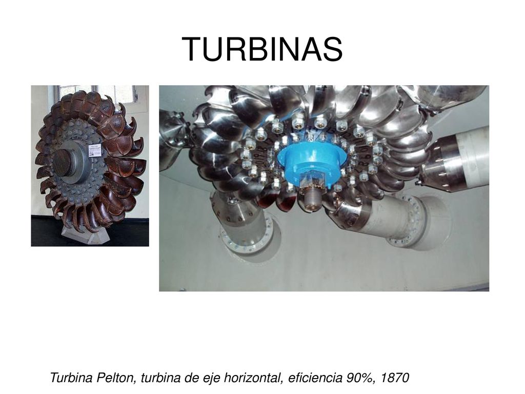 TURBINAS Turbina Pelton, turbina de eje horizontal, eficiencia 90%, 1870