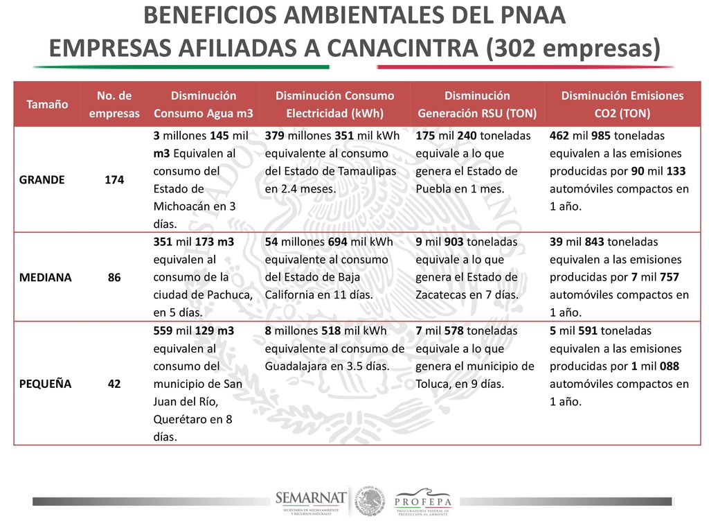 BENEFICIOS AMBIENTALES DEL PNAA EMPRESAS AFILIADAS A CANACINTRA (302 empresas)