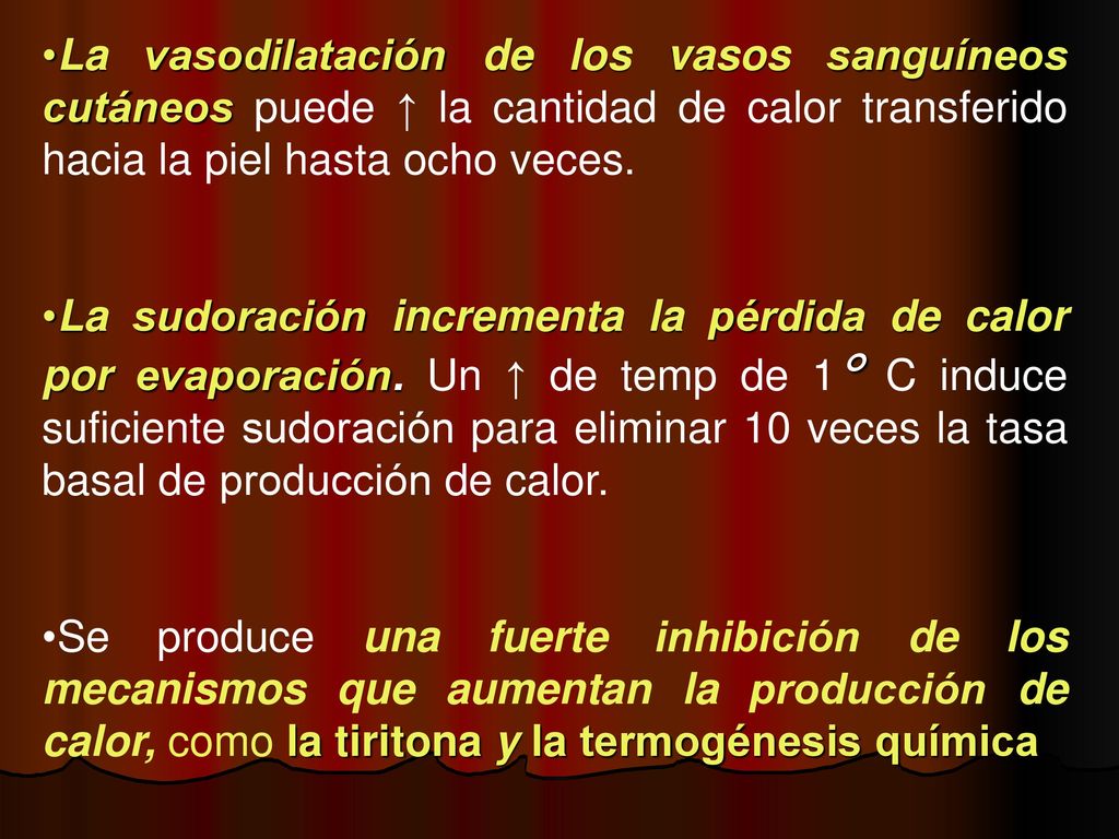 La vasodilatación de los vasos sanguíneos cutáneos puede ↑ la cantidad de calor transferido hacia la piel hasta ocho veces.