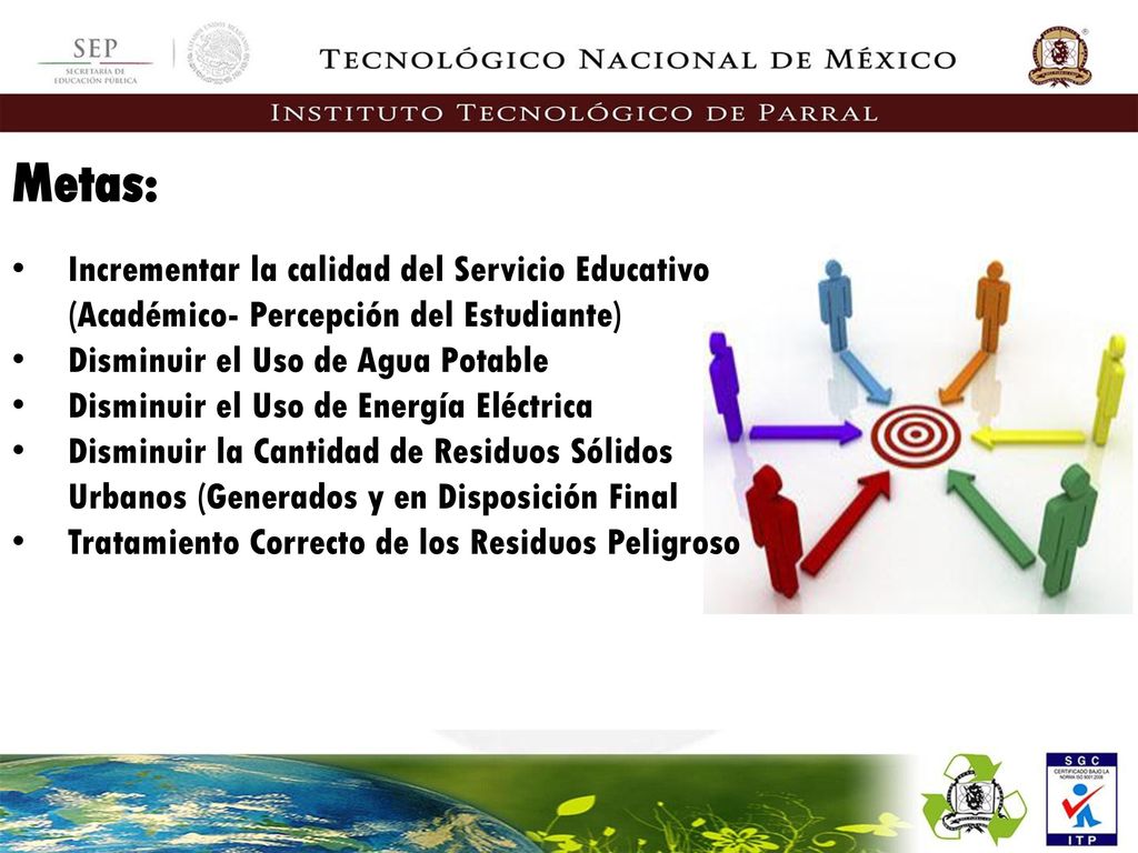Metas: Incrementar la calidad del Servicio Educativo (Académico- Percepción del Estudiante) Disminuir el Uso de Agua Potable.