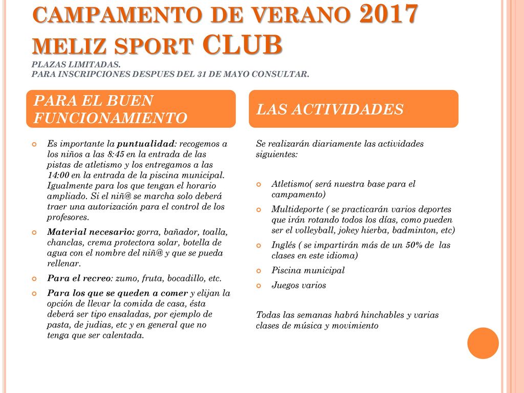 campamento de verano 2017 meliz sport CLUB PLAZAS LIMITADAS
