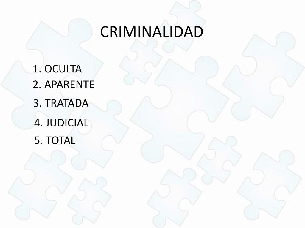CRIMINALIDAD 1. OCULTA 2. APARENTE 3. TRATADA 4. JUDICIAL 5. TOTAL