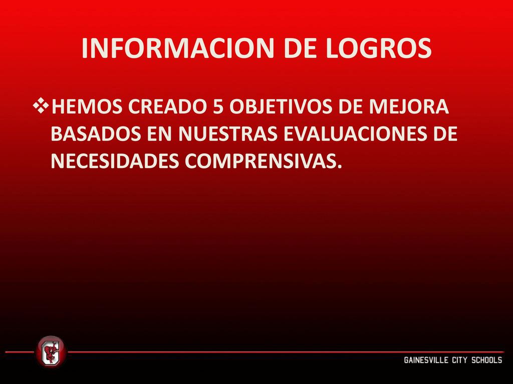 INFORMACION DE LOGROS HEMOS CREADO 5 OBJETIVOS DE MEJORA BASADOS EN NUESTRAS EVALUACIONES DE NECESIDADES COMPRENSIVAS.