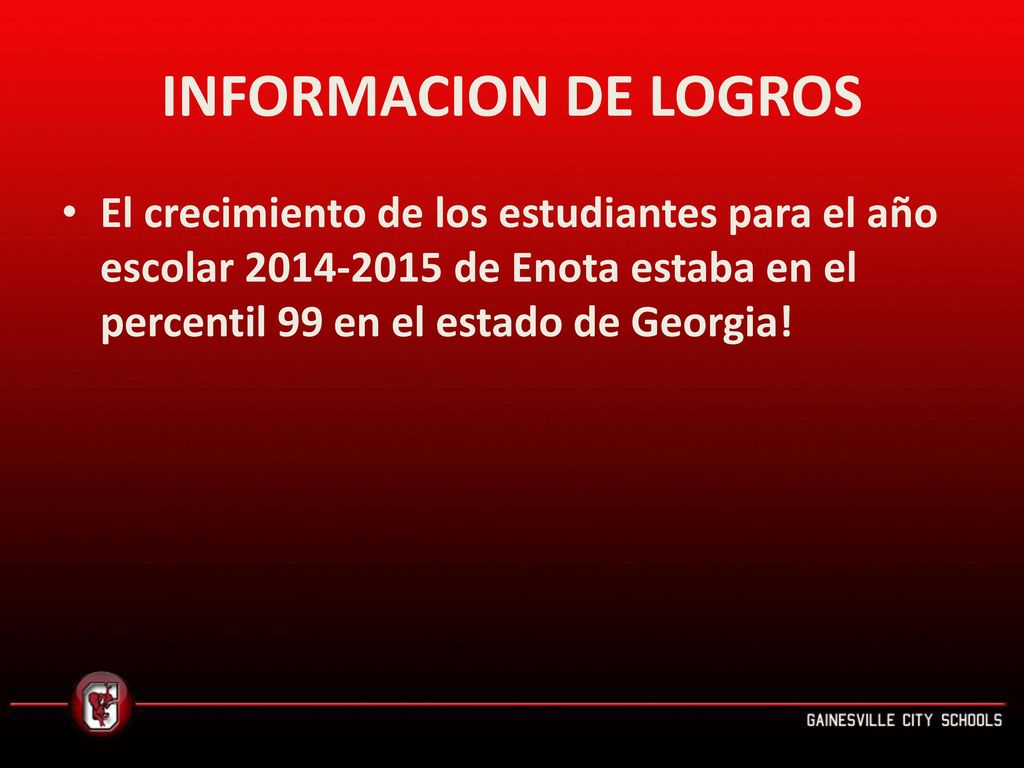 INFORMACION DE LOGROS El crecimiento de los estudiantes para el año escolar de Enota estaba en el percentil 99 en el estado de Georgia!