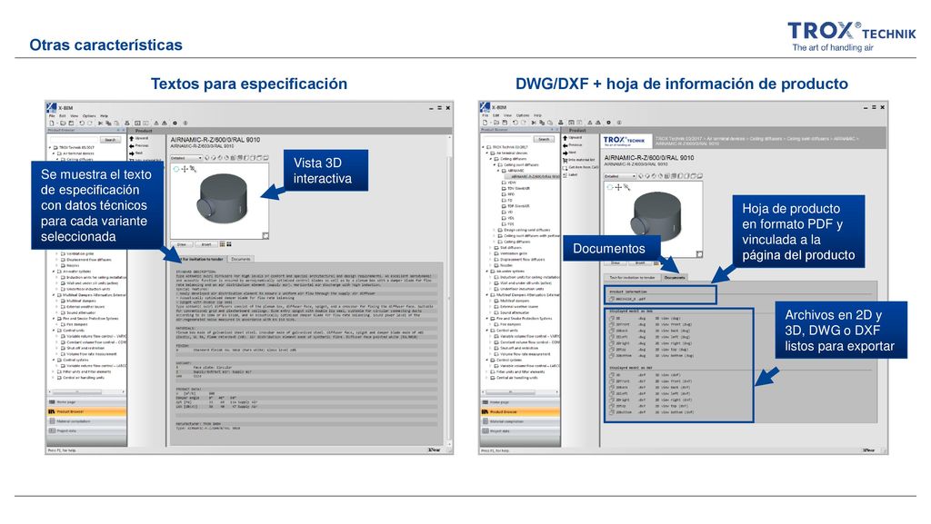 Textos para especificación DWG/DXF + hoja de información de producto
