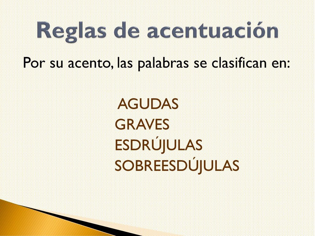 Reglas de acentuación Por su acento, las palabras se clasifican en: AGUDAS GRAVES ESDRÚJULAS SOBREESDÚJULAS