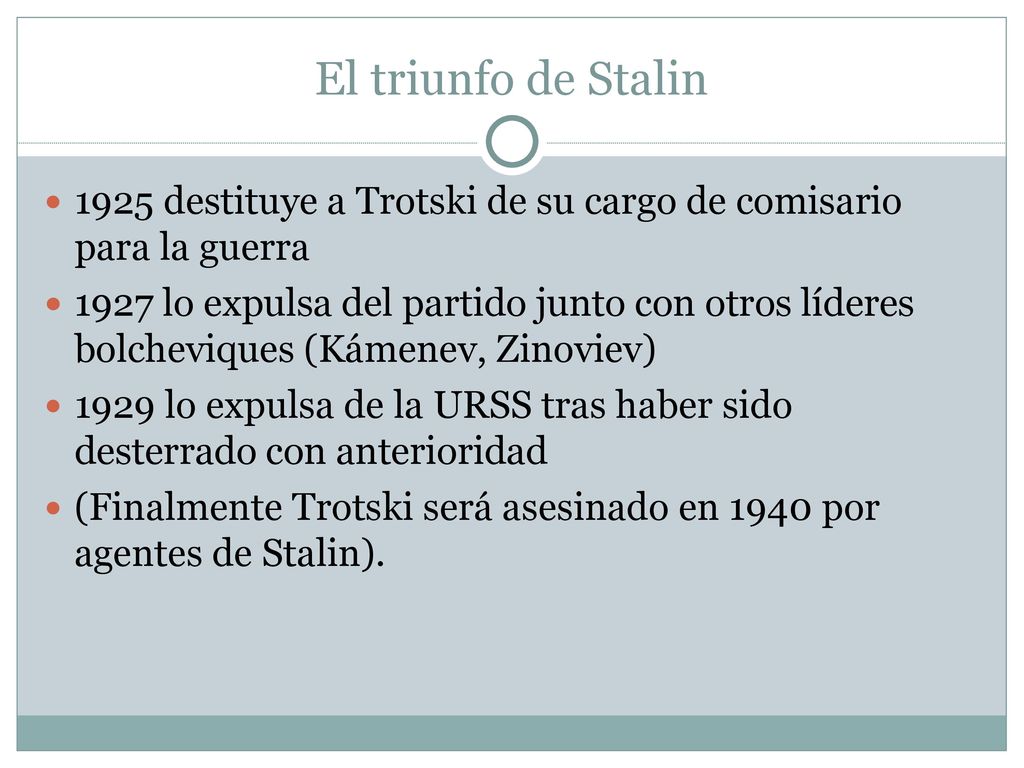 El triunfo de Stalin 1925 destituye a Trotski de su cargo de comisario para la guerra.