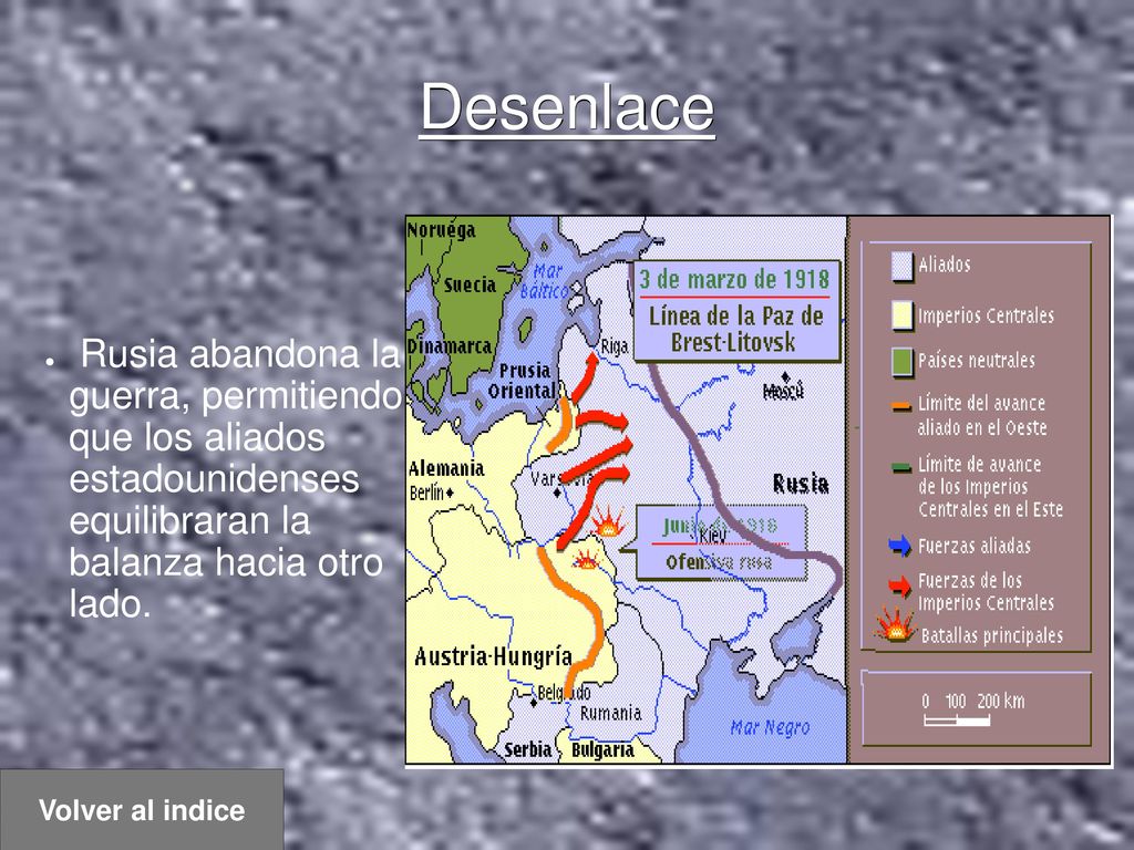 Desenlace Rusia abandona la guerra, permitiendo que los aliados estadounidenses equilibraran la balanza hacia otro lado.