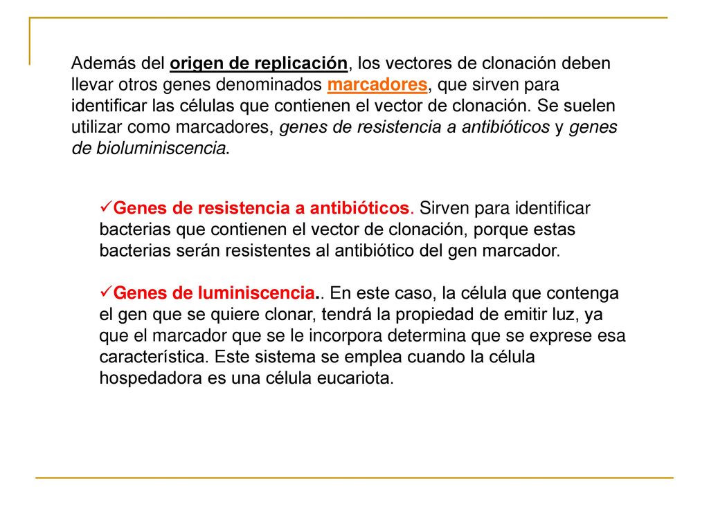 Además del origen de replicación, los vectores de clonación deben llevar otros genes denominados marcadores, que sirven para identificar las células que contienen el vector de clonación. Se suelen utilizar como marcadores, genes de resistencia a antibióticos y genes de bioluminiscencia.
