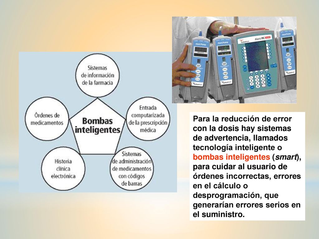 Para la reducción de error con la dosis hay sistemas de advertencia, llamados tecnología inteligente o bombas inteligentes (smart), para cuidar al usuario de órdenes incorrectas, errores en el cálculo o desprogramación, que generarían errores serios en el suministro.