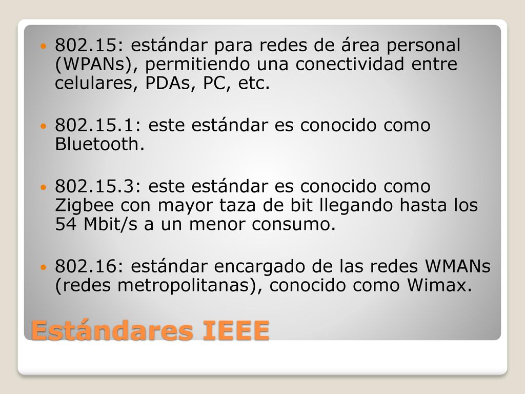 802.15: estándar para redes de área personal (WPANs), permitiendo una conectividad entre celulares, PDAs, PC, etc.