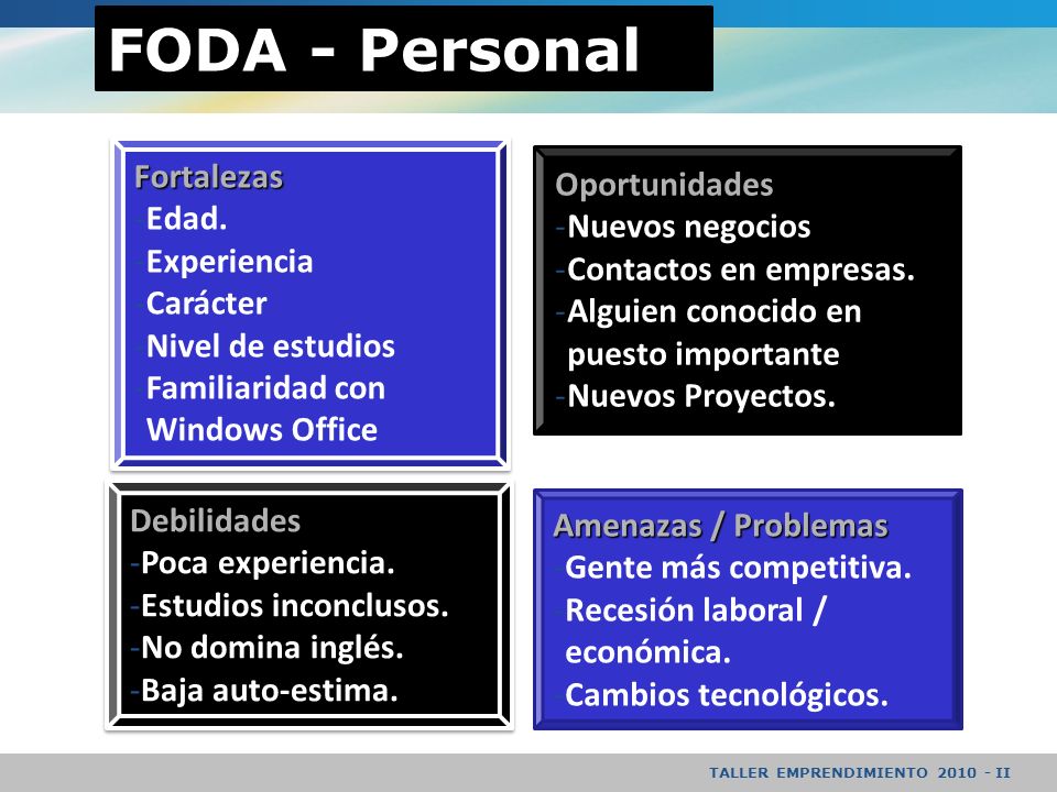 FODA - Personal Fortalezas Oportunidades Edad. Nuevos negocios