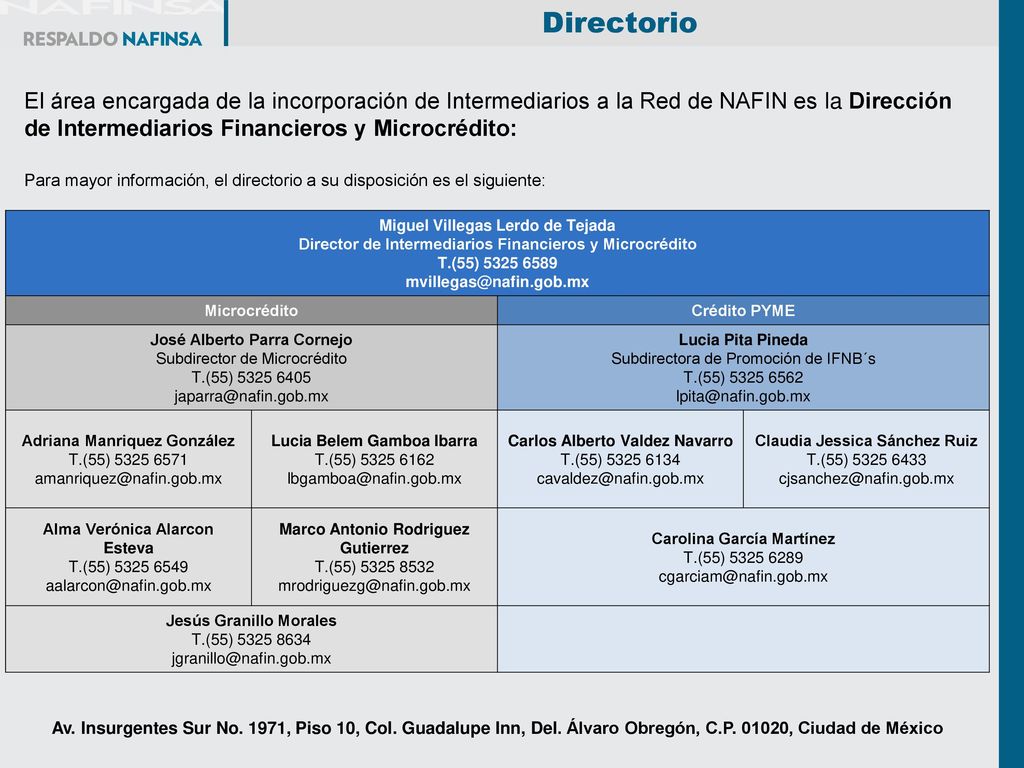 Directorio El área encargada de la incorporación de Intermediarios a la Red de NAFIN es la Dirección de Intermediarios Financieros y Microcrédito:
