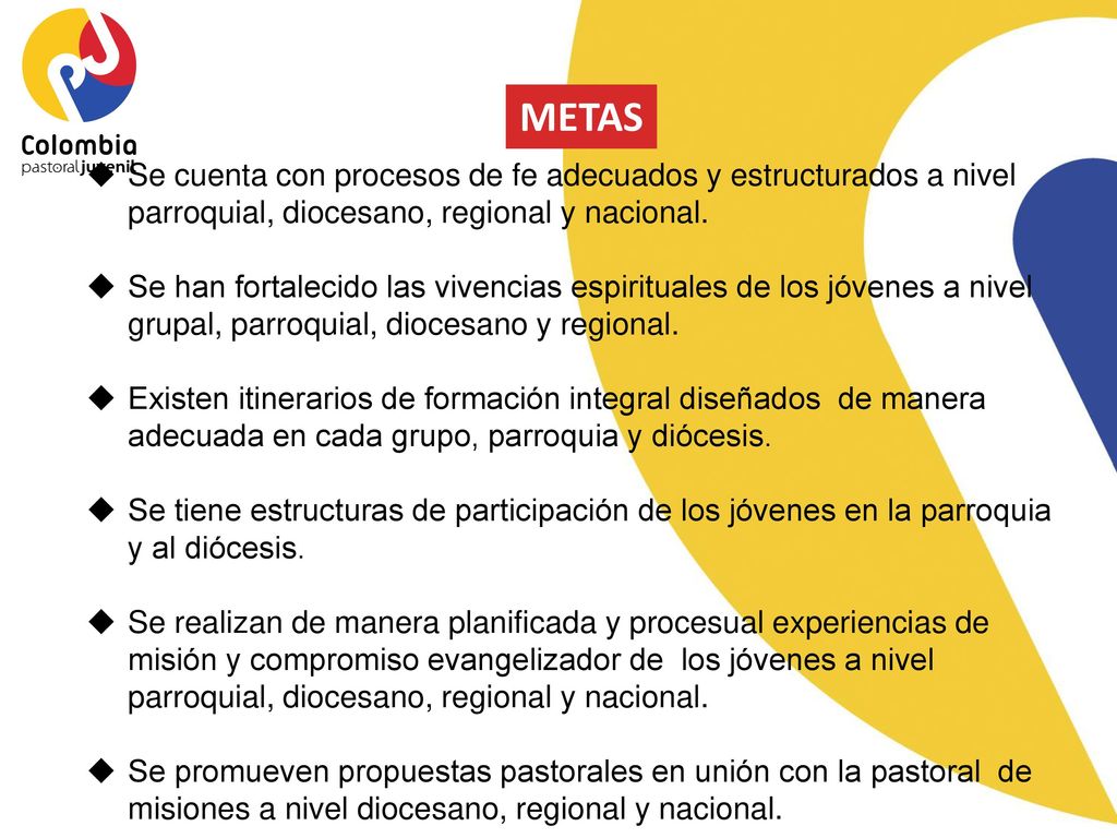 METAS Se cuenta con procesos de fe adecuados y estructurados a nivel parroquial, diocesano, regional y nacional.