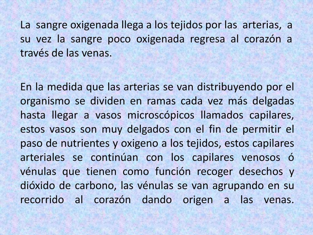 La sangre oxigenada llega a los tejidos por las arterias, a su vez la sangre poco oxigenada regresa al corazón a través de las venas.