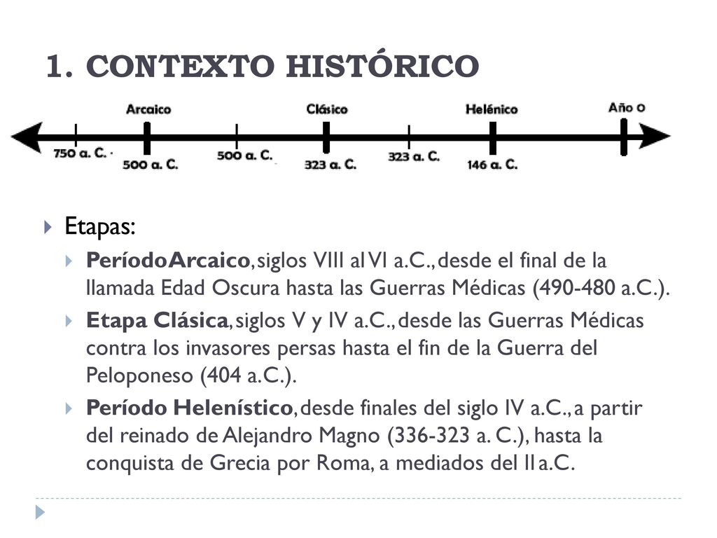 1. CONTEXTO HISTÓRICO  Etapas:  Período Arcaico, siglos VIII al VI a.C., desde el final de la.