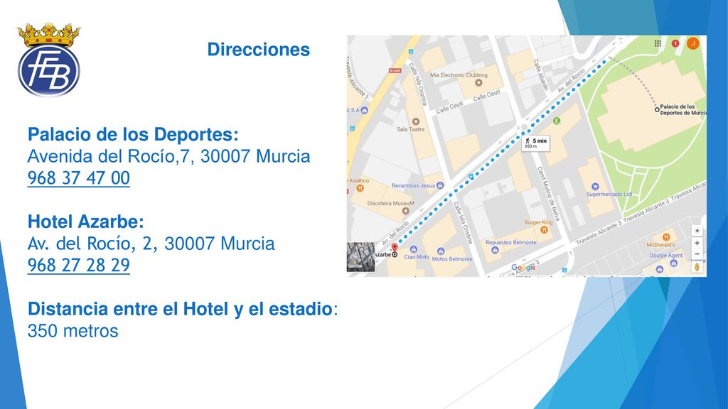 Direcciones Palacio de los Deportes: Avenida del Rocío,7, Murcia Hotel Azarbe: