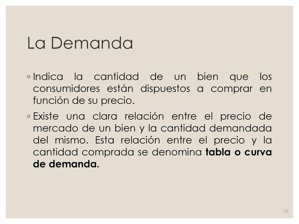 La Demanda Indica la cantidad de un bien que los consumidores están dispuestos a comprar en función de su precio.