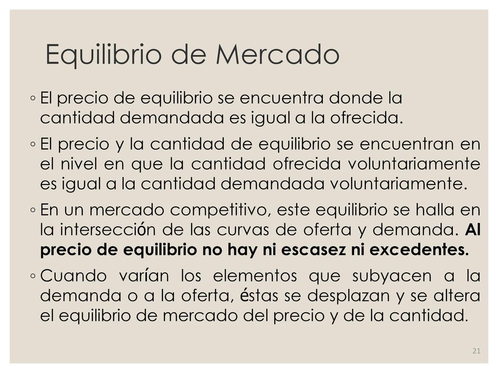 Equilibrio de Mercado El precio de equilibrio se encuentra donde la cantidad demandada es igual a la ofrecida.