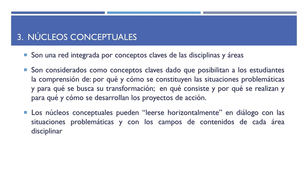 3. Núcleos conceptuales Son una red integrada por conceptos claves de las disciplinas y áreas.