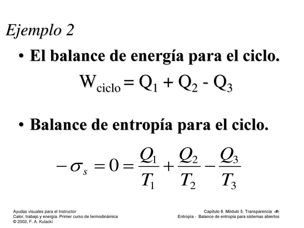 Wciclo = Q1 + Q2 - Q3 Ejemplo 2 El balance de energía para el ciclo.