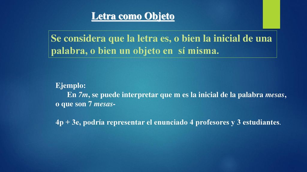 Letra como Objeto Se considera que la letra es, o bien la inicial de una palabra, o bien un objeto en sí misma.