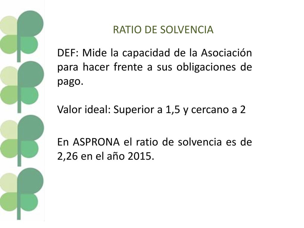 RATIO DE SOLVENCIA DEF: Mide la capacidad de la Asociación para hacer frente a sus obligaciones de pago.