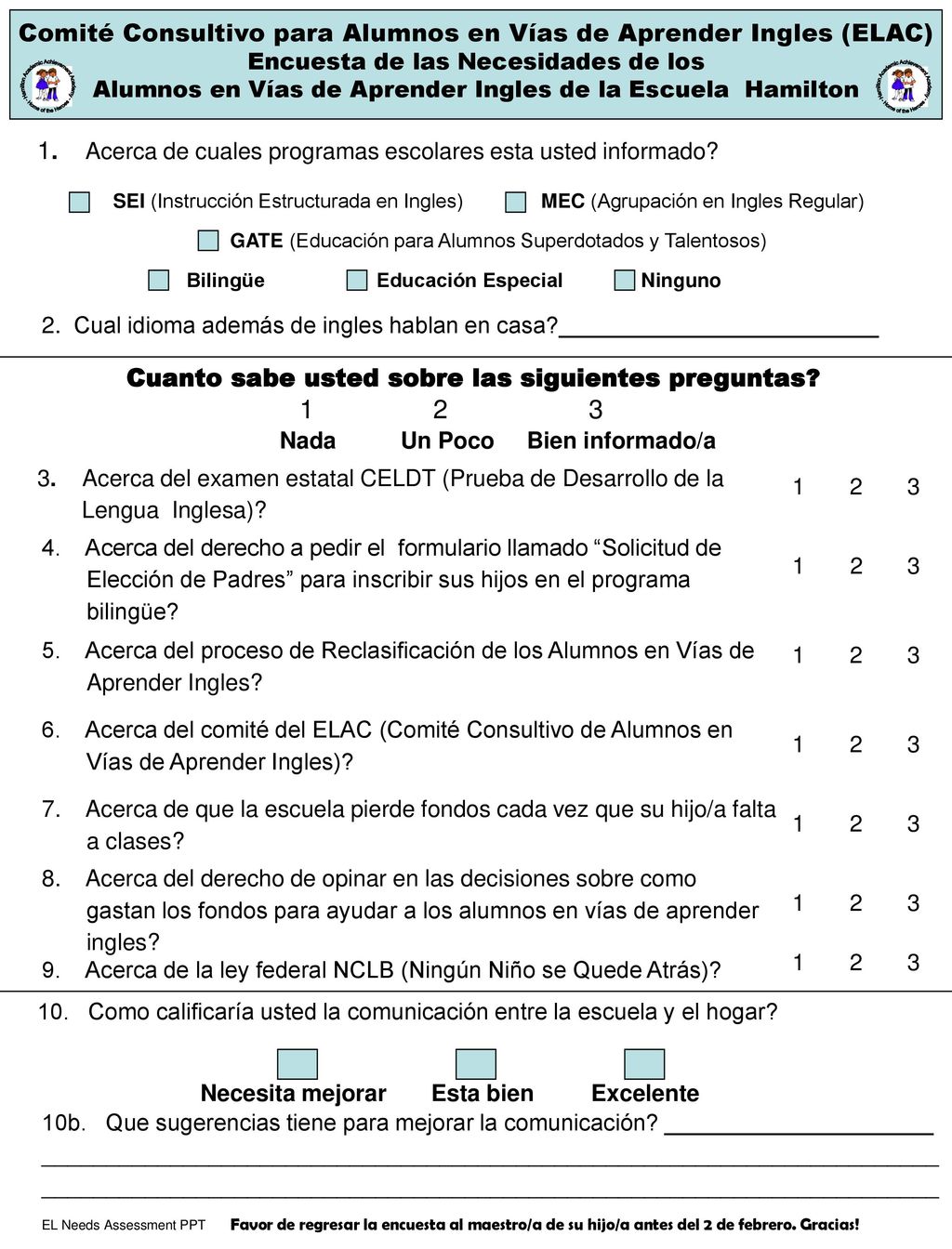 1 2 3 Comité Consultivo para Alumnos en Vías de Aprender Ingles (ELAC)