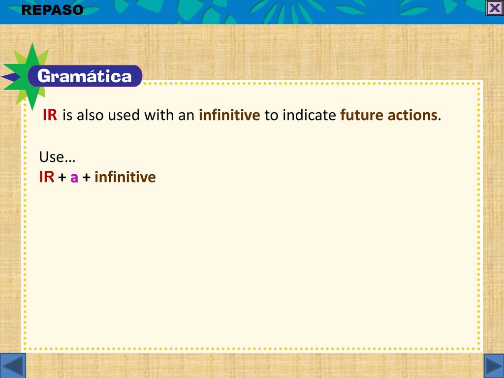 REPASO ir is also used with an infinitive to indicate future actions. Use… ir + a + infinitive