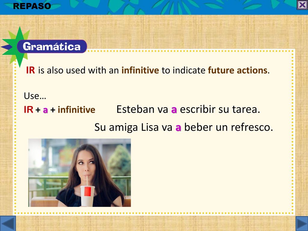 ir + a + infinitive Esteban va a escribir su tarea.