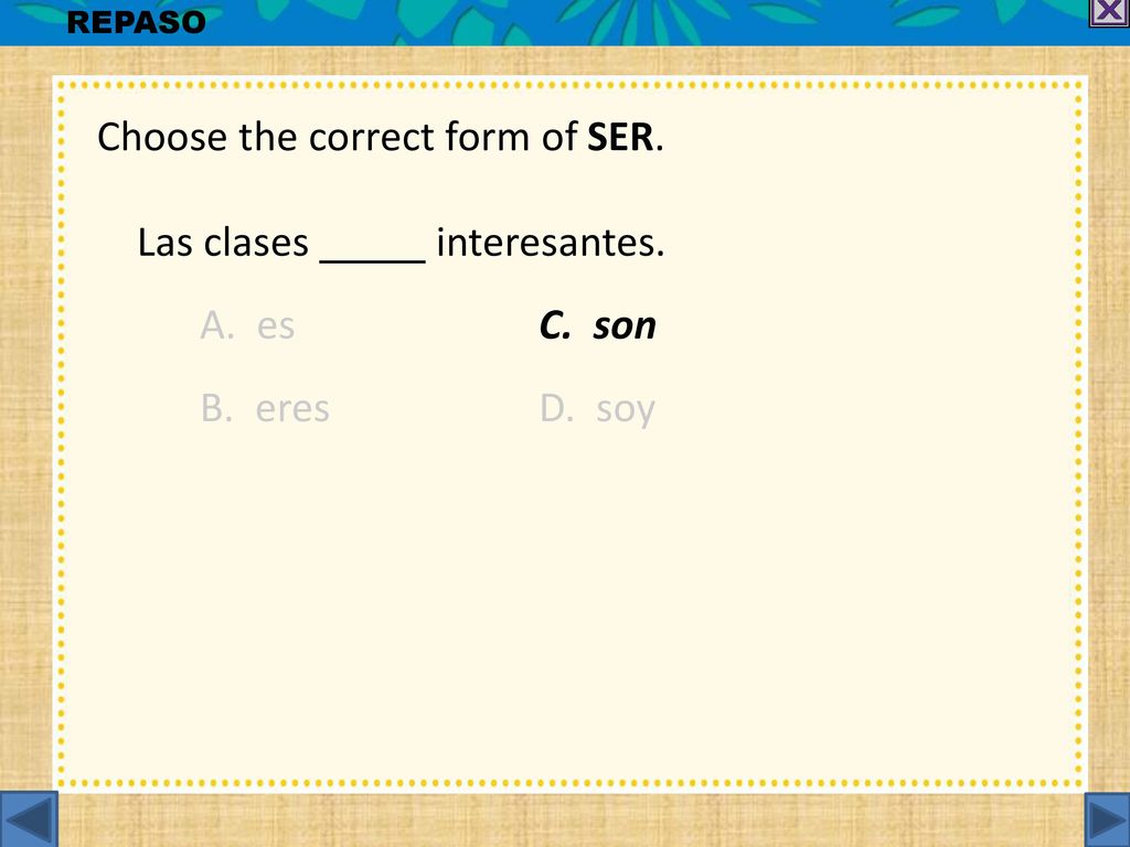 Choose the correct form of SER. Las clases interesantes. A. es C. son