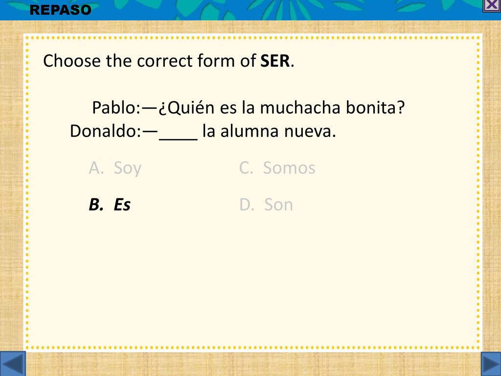 Choose the correct form of SER. Pablo:—¿Quién es la muchacha bonita