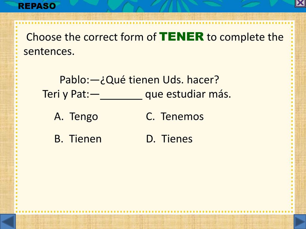 Choose the correct form of TENER to complete the sentences.