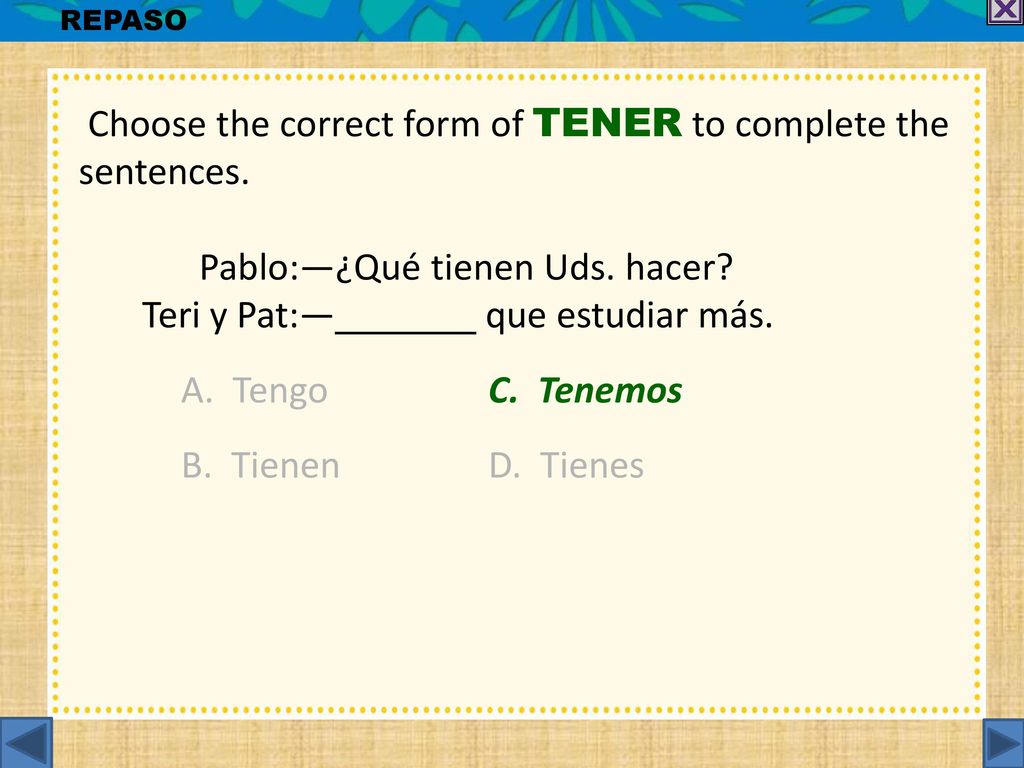 Choose the correct form of TENER to complete the sentences.