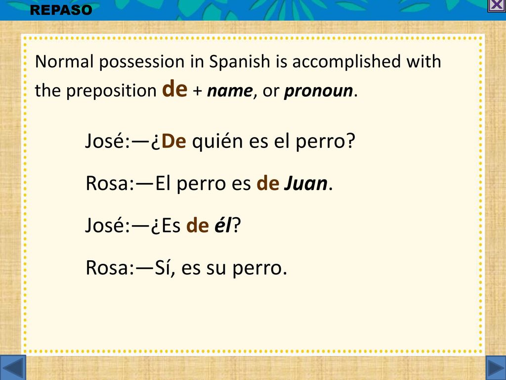 Rosa:—El perro es de Juan. José:—¿Es de él Rosa:—Sí, es su perro.
