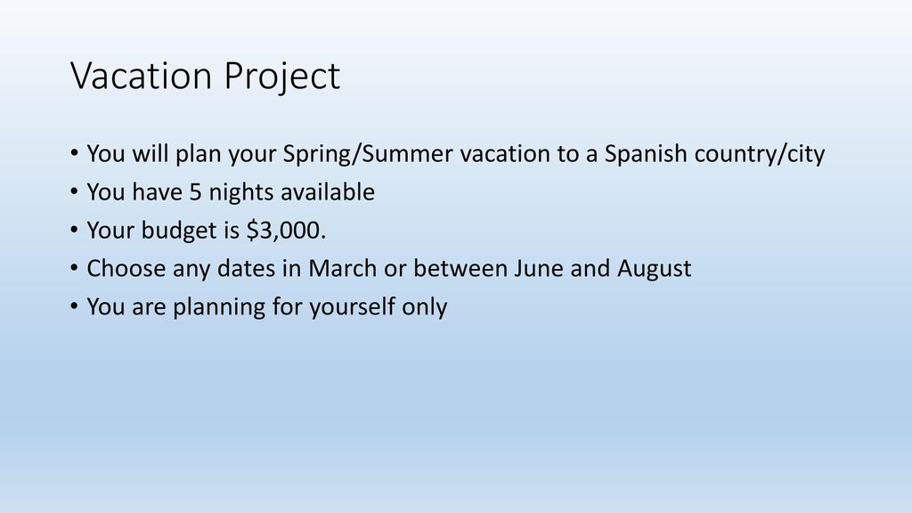 Vacation Project You will plan your Spring/Summer vacation to a Spanish country/city. You have 5 nights available.